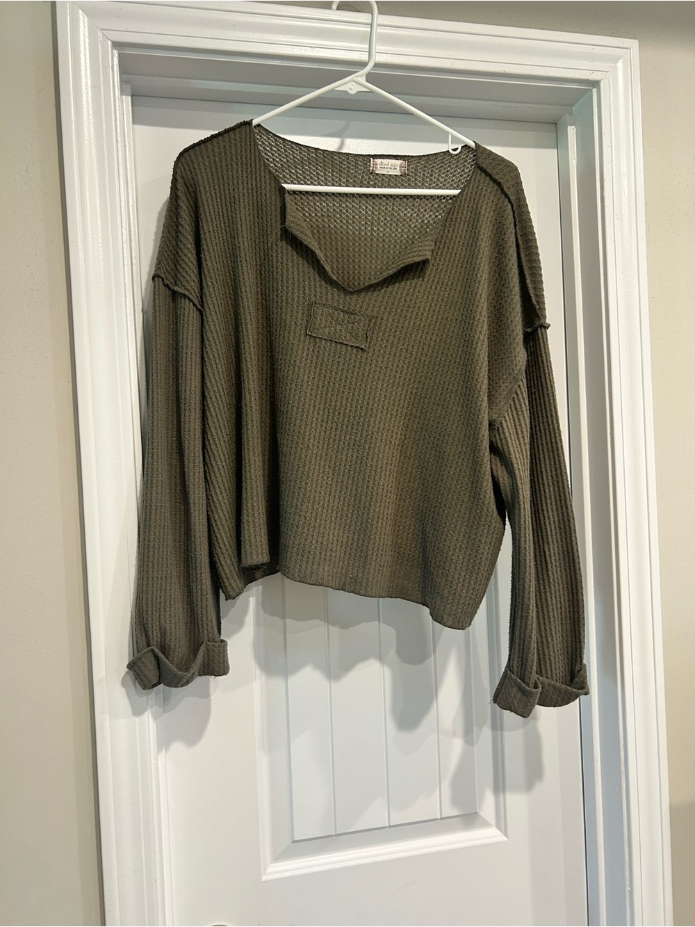 Altar'd State Olive Waffle-Knit Relaxed V-Neck Top